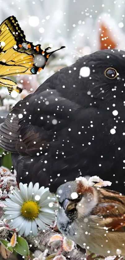 Black bird with butterfly and snowflakes in winter scene.