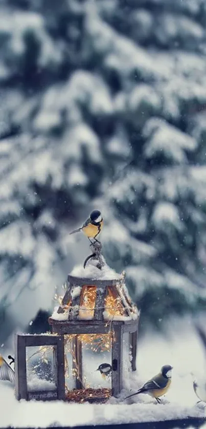 Birds feeding on snowy winter house with frosty trees in background.