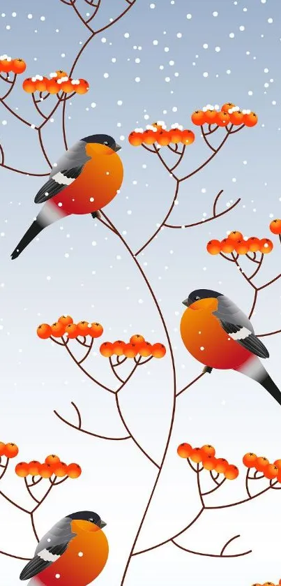 Vibrant birds perched on orange branches with a snowy blue sky background.