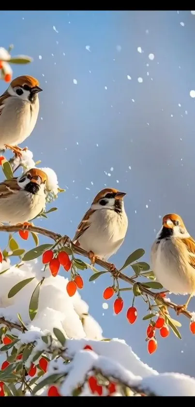 Birds perched on a snowy branch with red berries.