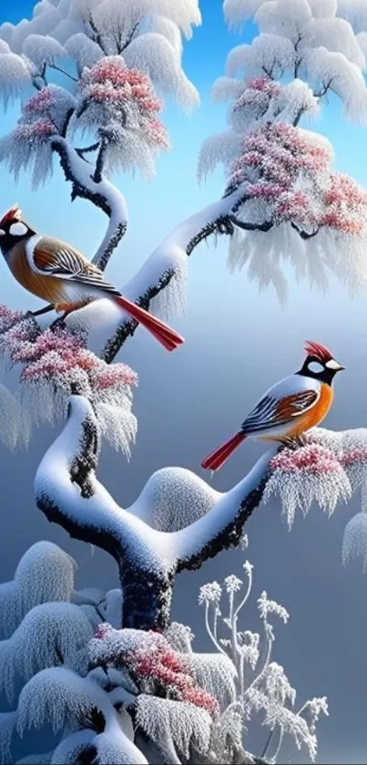 Two vibrant birds on snowy branches with a blue sky backdrop.