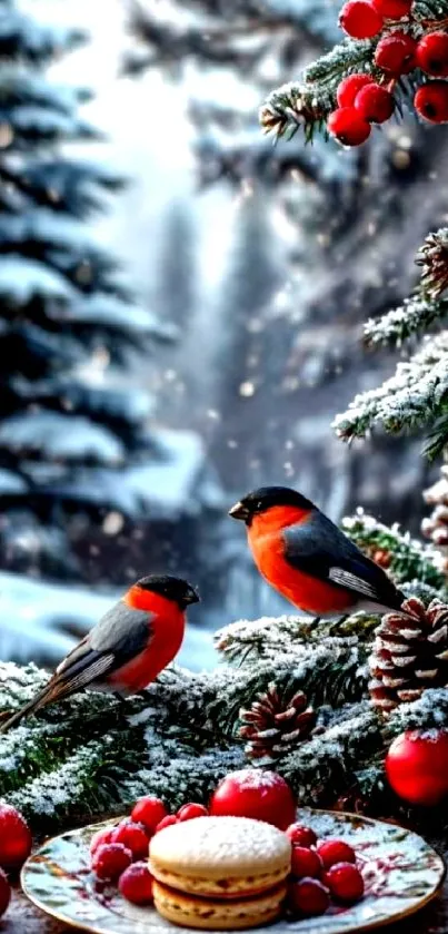 Two birds on a snowy pine branch with red berries and a macaron.