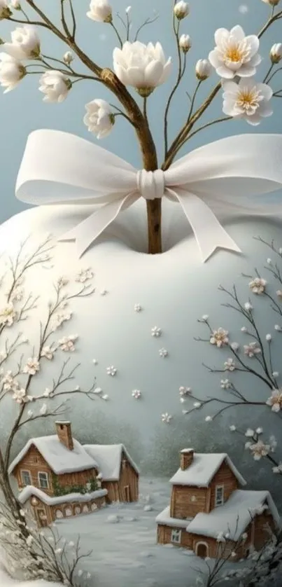 Winter scene on vase with flowers and snow cottages.