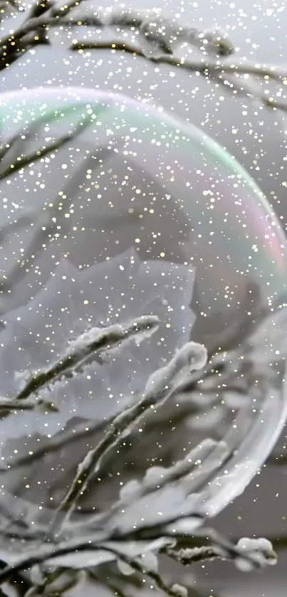 Frosty branches with snow and a bubble create a serene winter scene.