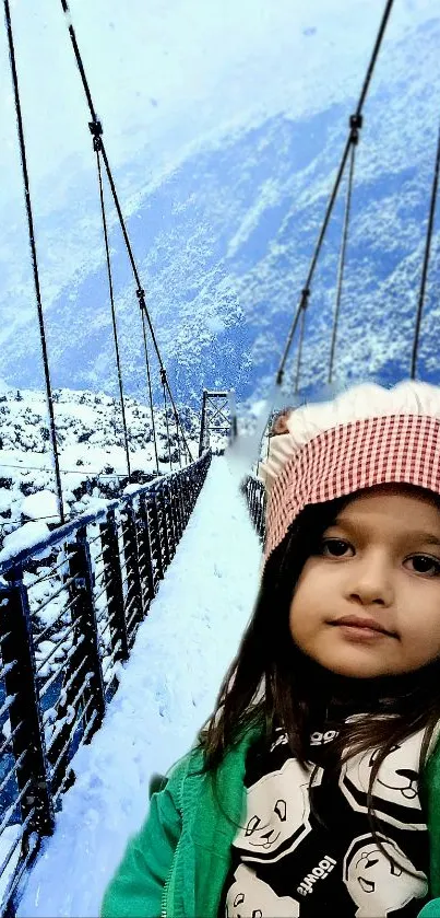 Child on a snowy bridge with mountain backdrop.