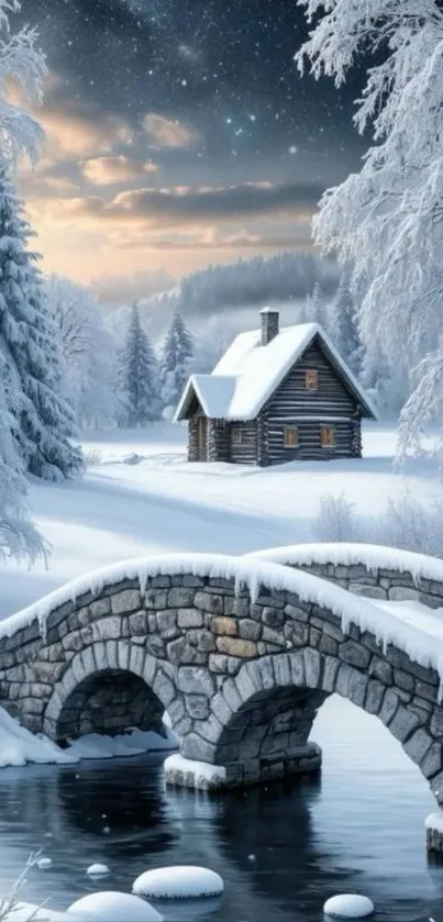 Peaceful winter scene with snowy cabin and stone bridge.
