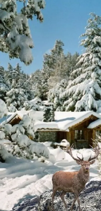 Snowy mountain cabin with deer in serene forest scene.