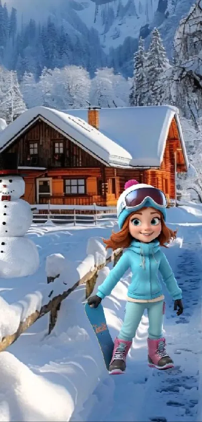 Cartoon girl with snowboard by snowy cabin.