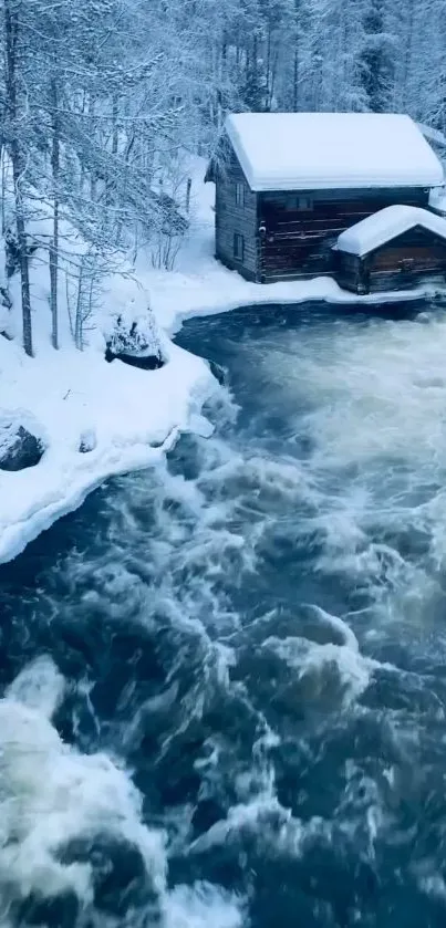 Rustic cabin by snowy river in winter wonderland.