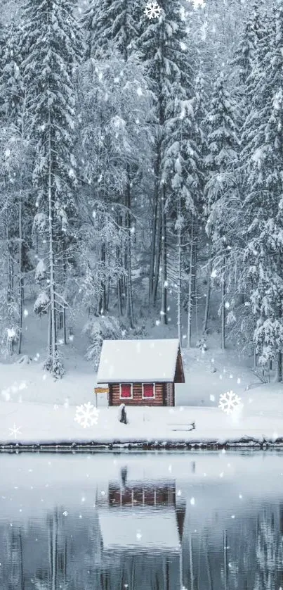 Beautiful winter scene with cabin by snowy lake.