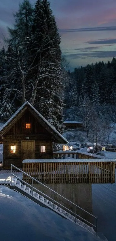 Cozy cabin amidst a snowy forest at twilight.