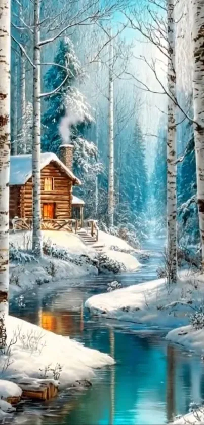 Cozy cabin by a stream in a snowy forest with birch trees.