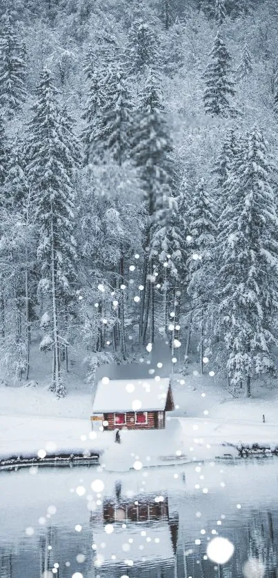 A cozy cabin in a snowy forest with a reflective lake.