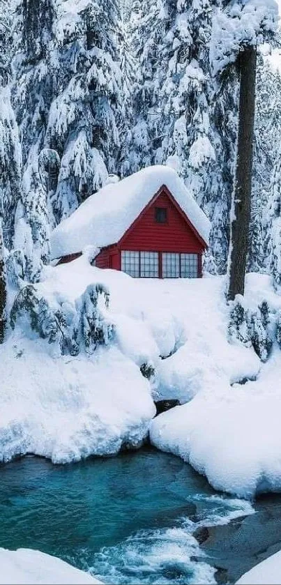 Red cabin in a snowy forest by a stream.