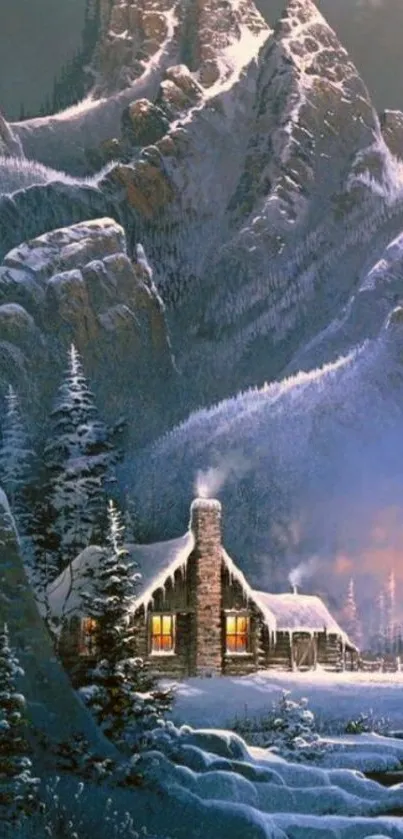 Snowy cabin in mountains winter wallpaper.