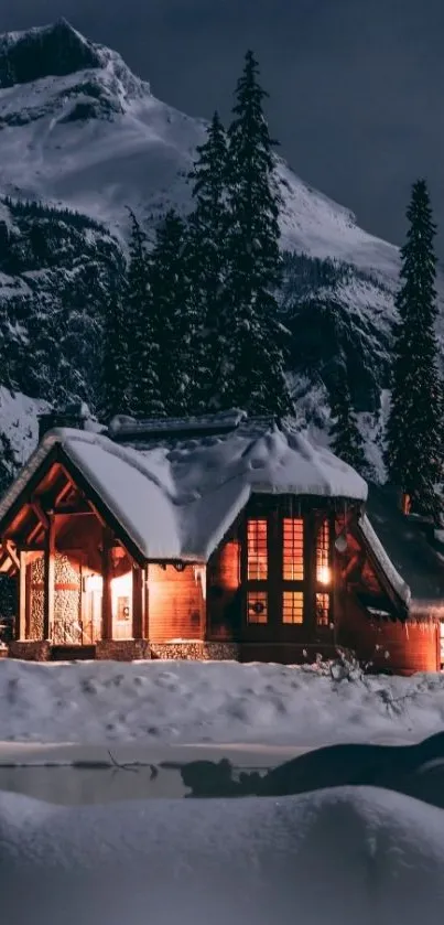 Cozy cabin in snowy mountains under moonlit sky wallpaper.