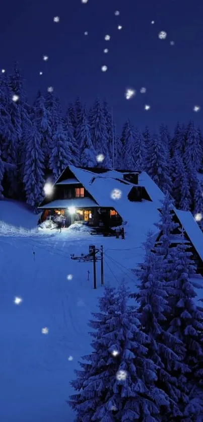 Snowy winter cabin at night with falling snowflakes.