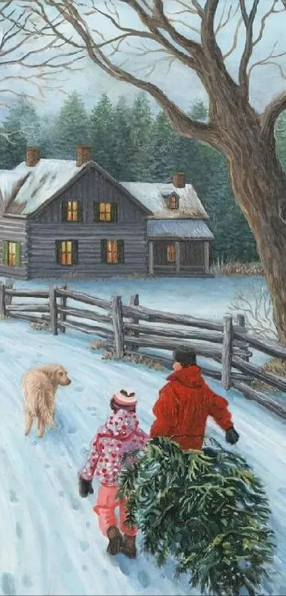 Children dragging a tree in snowy winter scene with cabin.