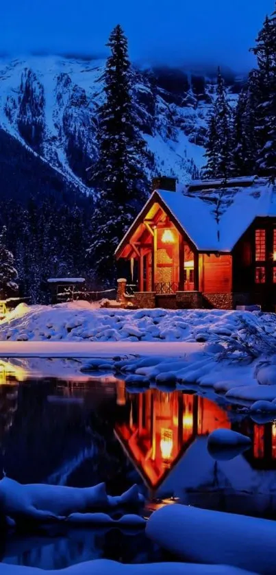 Warmly lit cabin amidst snowy landscape with lake reflection.