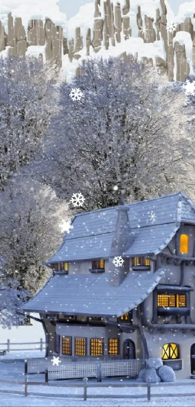 Mobile wallpaper of a snowy cabin scene with frosty trees and a serene winter landscape.