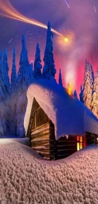 A snowy cabin under a vibrant aurora-lit sky.