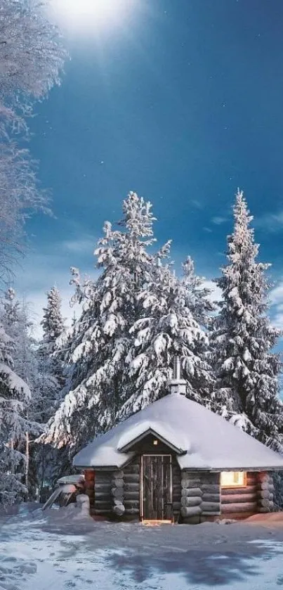 Snow-covered cabin under a moonlit sky with pine trees.