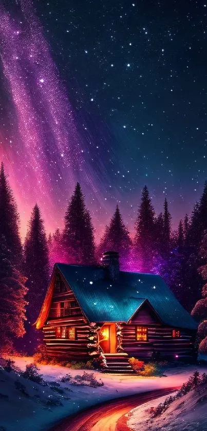 Glowing cabin under a starry winter night sky.