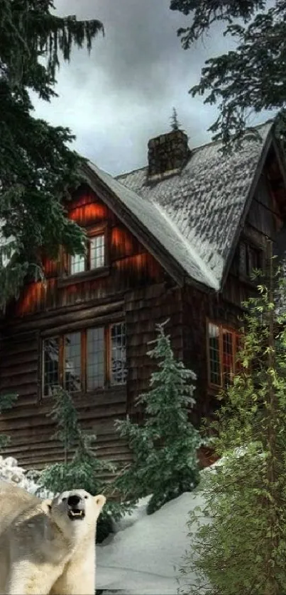 Snowy cabin with a polar bear in a forest setting.