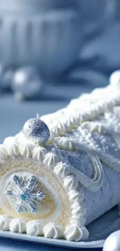 Winter-themed cake with white frosting and snowflake design.