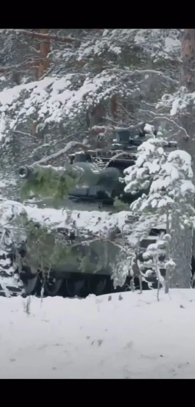 Camouflaged tank navigating snowy forest with winter trees.