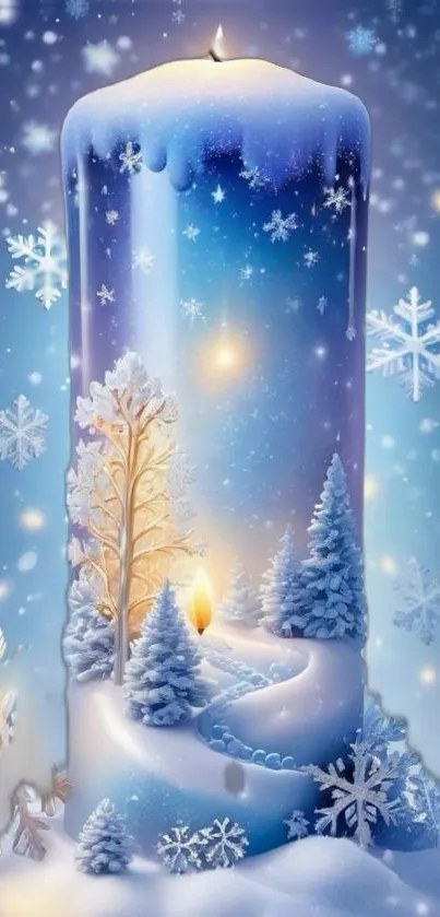 Fantasy winter candle scene with snowflakes.