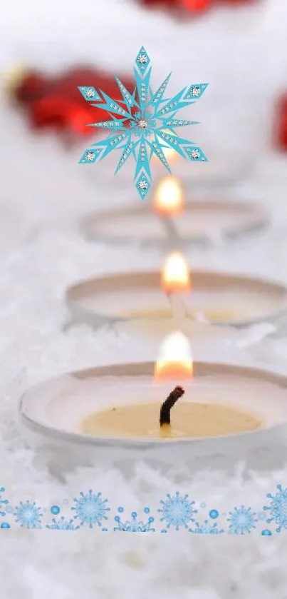 Winter candles on snow with blue snowflakes and red accents.