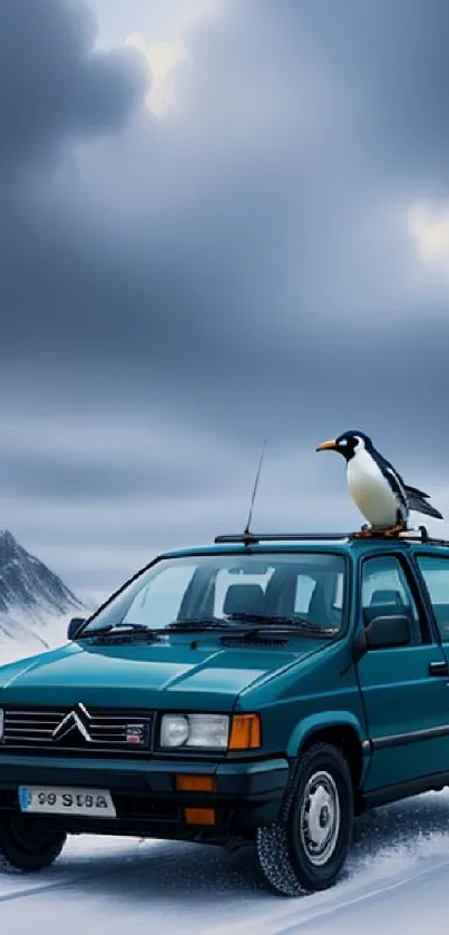 Vintage teal car with penguin in snowy landscape under cloudy skies.