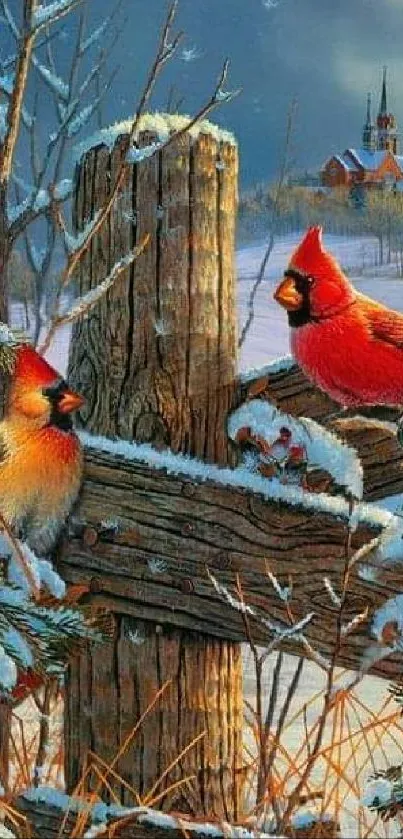 Cardinals perched on snowy fence with church backdrop.