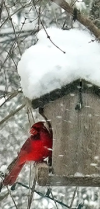 Red cardinals perched on a snowy birdhouse in winter woods.