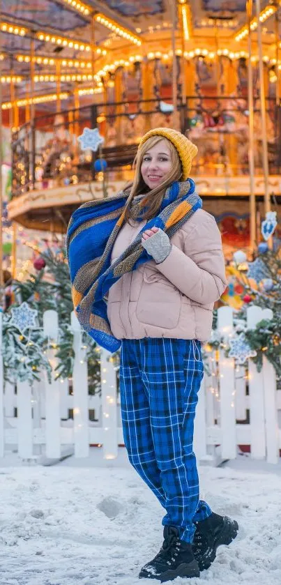 A vibrant carousel in a snowy winter scene with colorful lights and decorations.