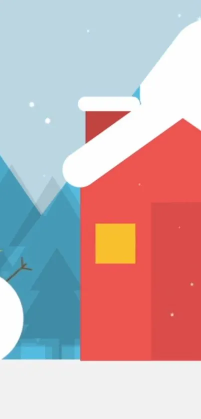 Cartoon snowman and red cabin in winter scene.