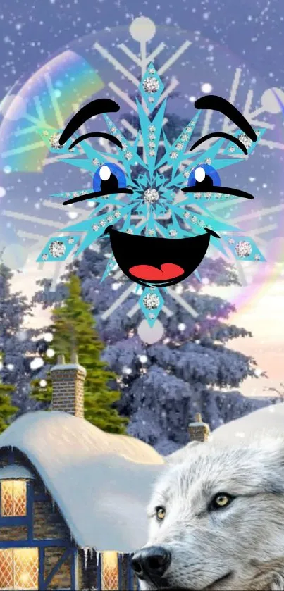 Playful snowflake with wolf and snowy cottage backdrop.