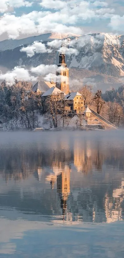 Winter castle with snowy reflection by a calm lake and mountain backdrop.