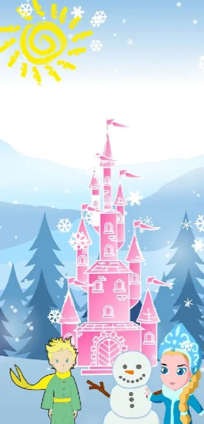 Winter castle cartoon wallpaper with snowman.