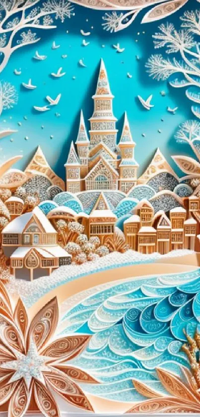 Fantasy castle in winter with vibrant blue sky and 3D paper art style.