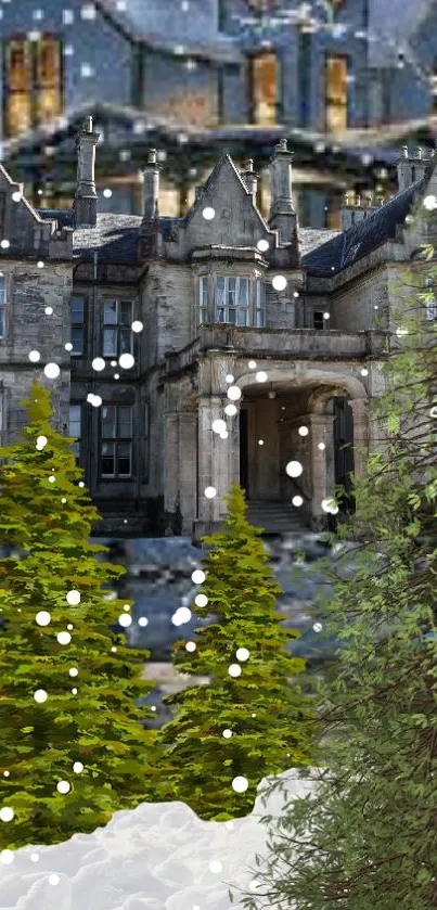 Majestic castle with snow and pine trees in a serene winter setting.