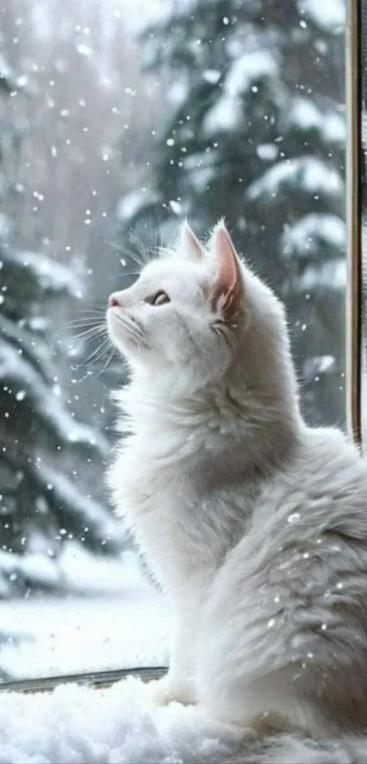 White cat gazing out winter snowy window.