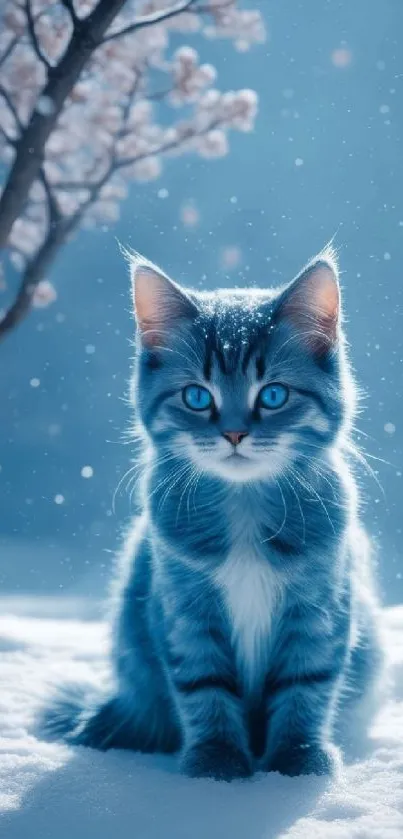 Blue cat sitting in snow-filled winter scene with falling snowflakes.