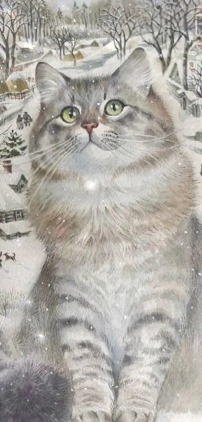 Gray cat in a snowy village landscape with rustic charm.