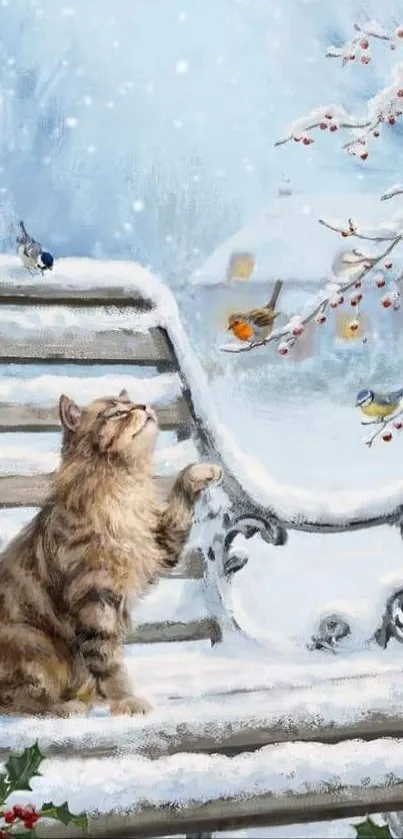 Snowy bench with playful cat and birds enjoying winter.