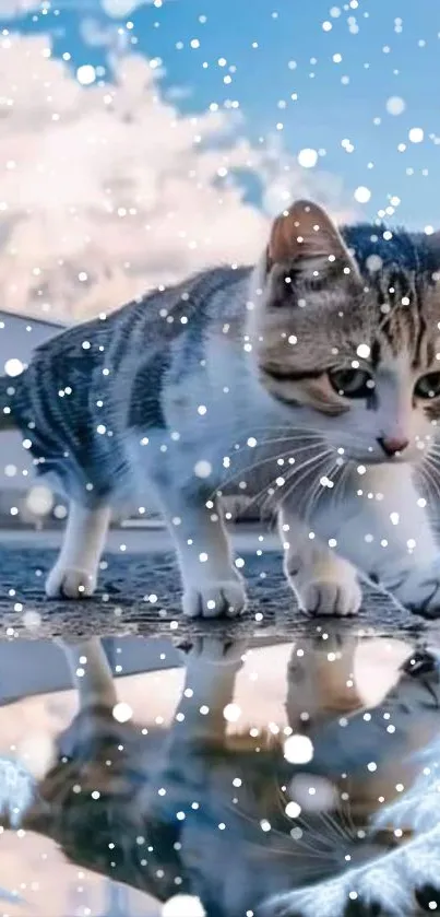 Adorable kitten in a snowy landscape reflection.