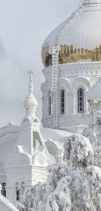 Snow-covered cathedral with golden domes in winter scenery.