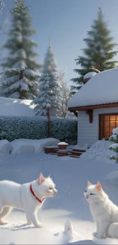 Two white cats in a snowy garden by a winter cottage with pine trees.