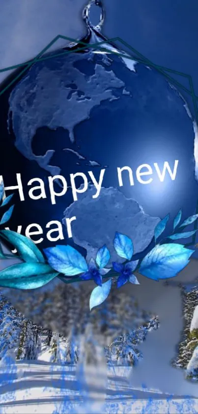 Snowy trees and globe ornament, Happy New Year greeting on mobile wallpaper.